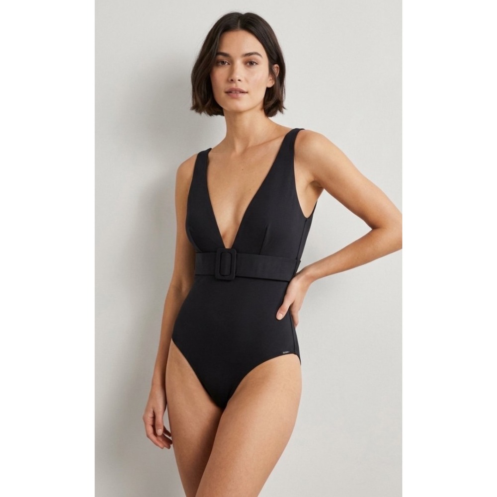 Boden S0241 Black Belted V-Neck One Piece Swimsuit US 4 UK 8